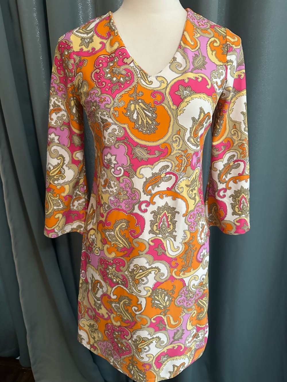Jude Connally Dress XS Pink Orange Paisley Print 3/4 Sleeve Stretch USA